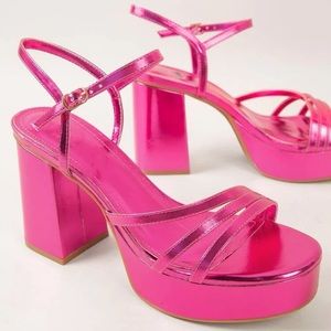 SHEIN faux leather ankle strap platform block heel in metallic pink NEW